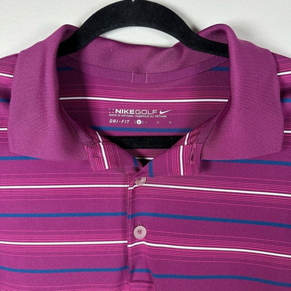 Nike Golf Dri-Fit Large Magenta Blue White Stripe Short Sleeve Polo Shirt - Picture 3 of 4
